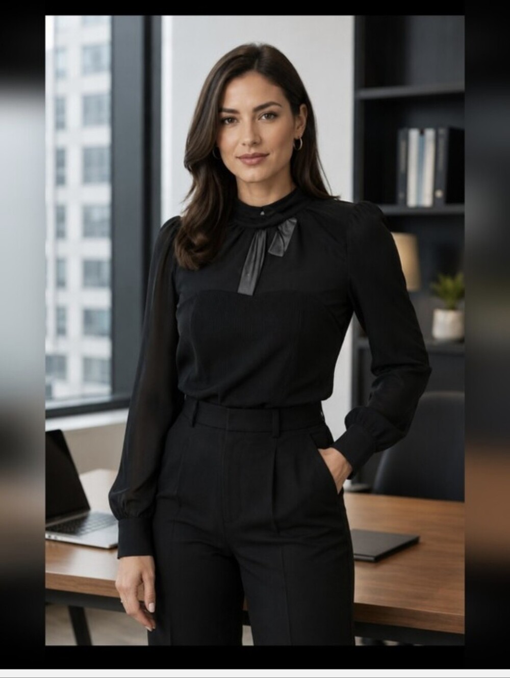Forever 21 Black Long-Sleeve Mock Neck Blouse with Bow Detail